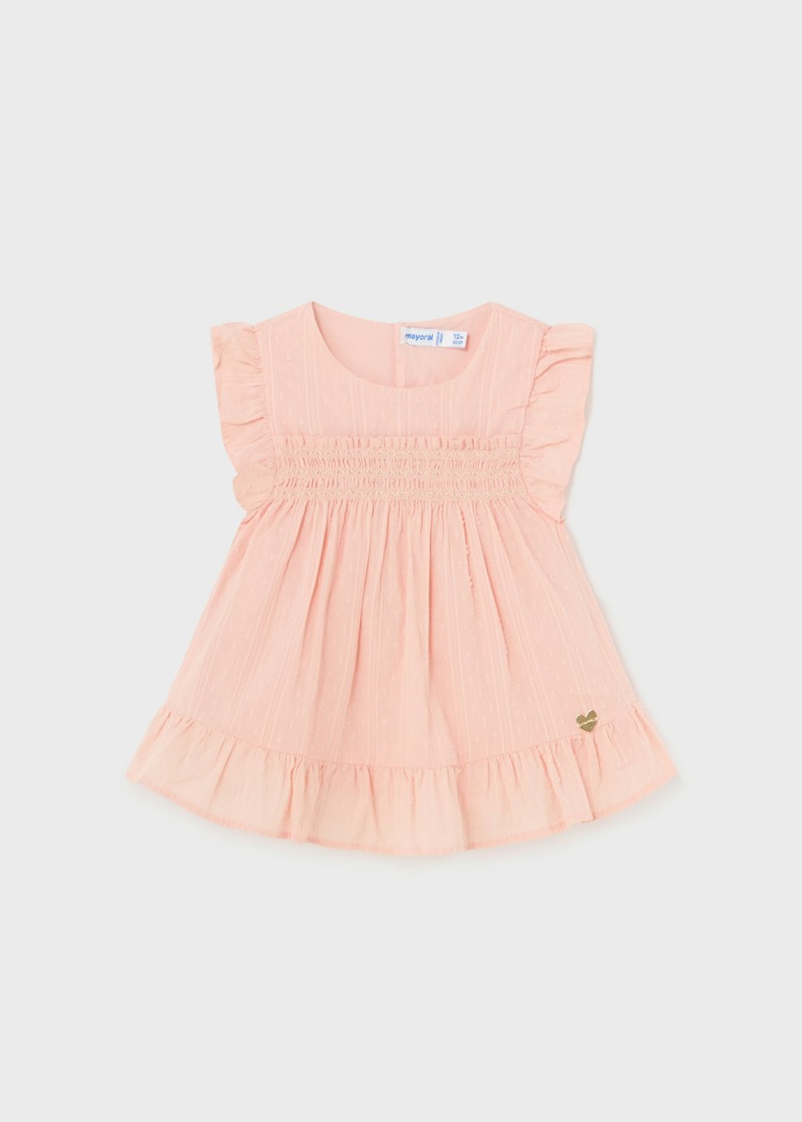 Bebe MAYORAL Camisas Y Blusas | Blusa Punto Smock Y Volantes Bebe Rosa Pastel