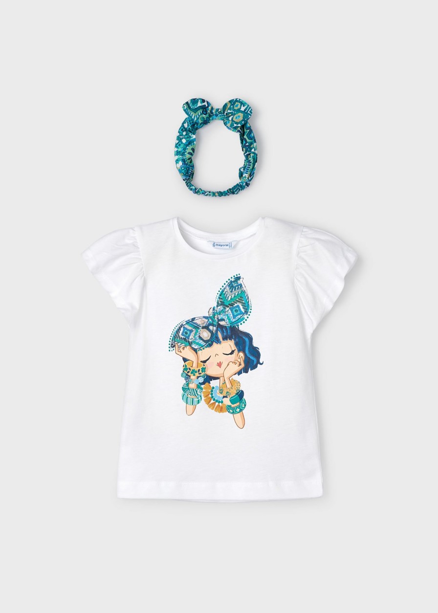 Nina MAYORAL Camisetas Y Polos | Camiseta Con Diadema Better Cotton Nina Blanco-Jade